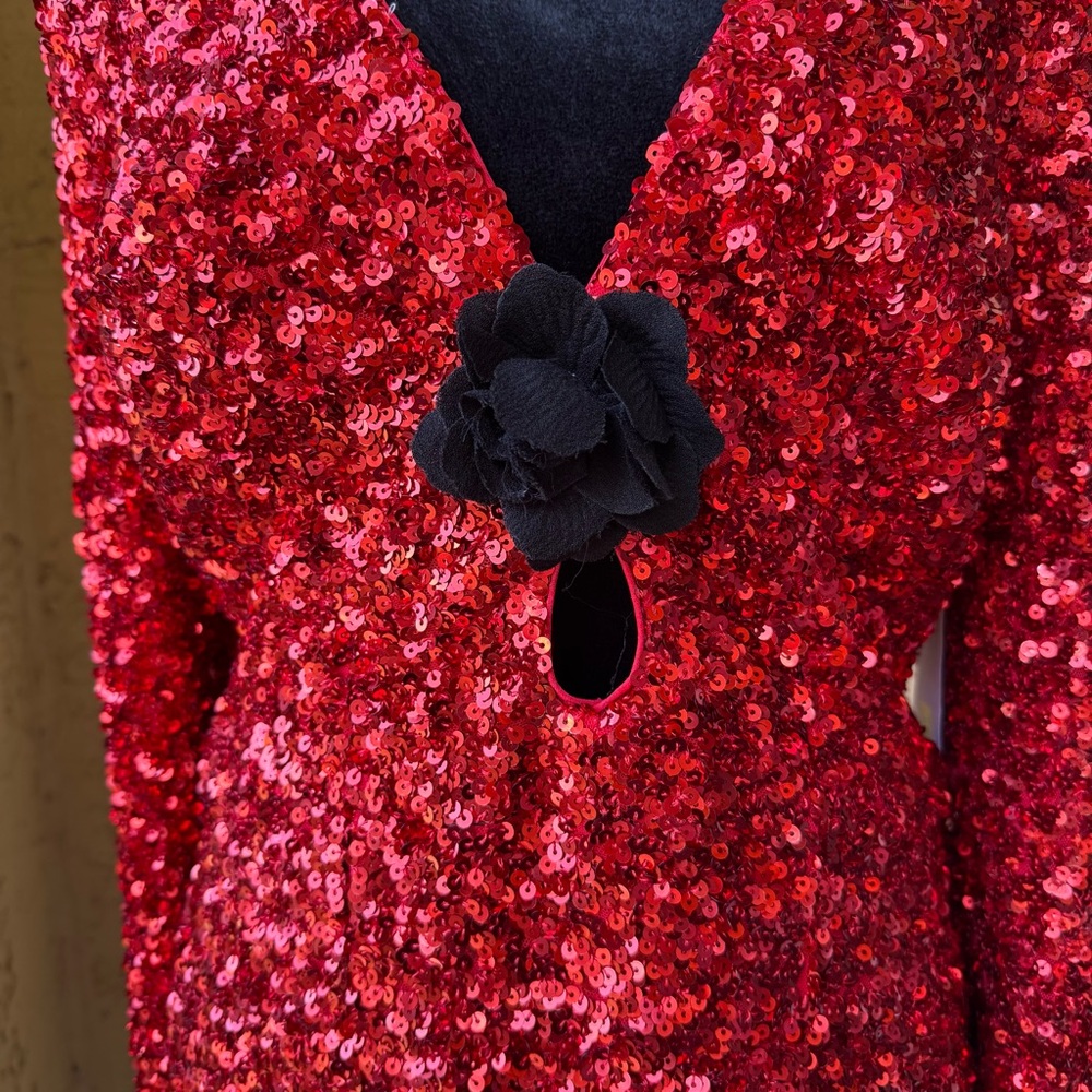 Dress the Population Tula Sequin Mini Dress Sz L Red Rouge Cut out Love - Picture 7 of 14